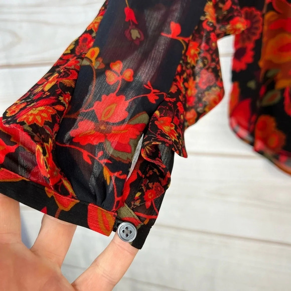 LOFT Floral Print Long Sleeve Semi Sheer Ruffle Top Size Small Blue Red - Picture 9 of 14